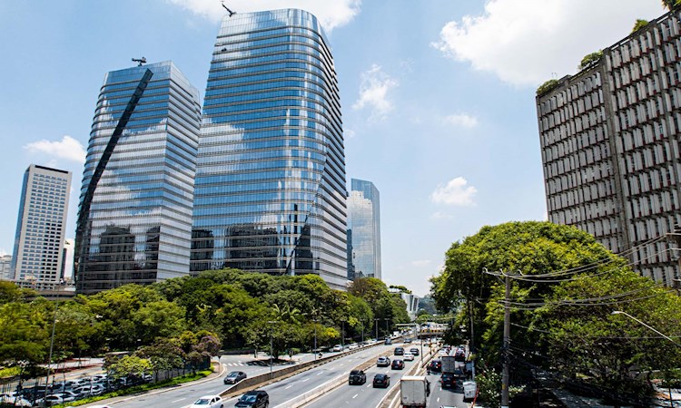 A road in Brazil lined with trees and large skyscrapers